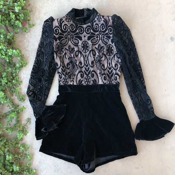 Nasty Gal Pants - Nasty Gal Collection Black Velvet Lace Romper